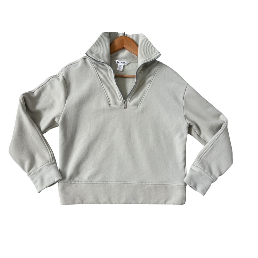 Athleta Coaster Luxe Pilates Sweatshirt XS Sage Green Ribbed 1/4 Zip Pullover